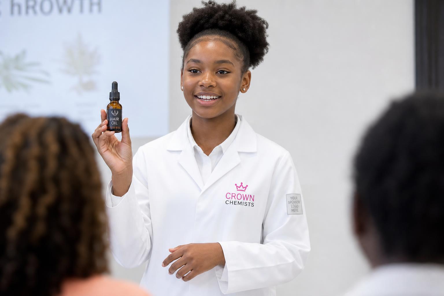 A Crown Chemist confidently presenting the product she created