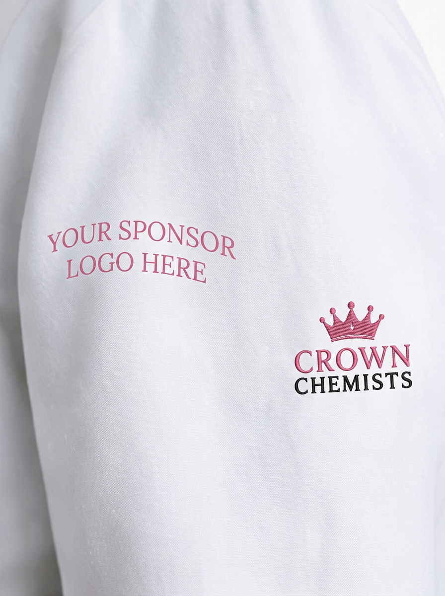 Upper sleeve of a Crown Chemists lab coat showing the sponsor logo placement area