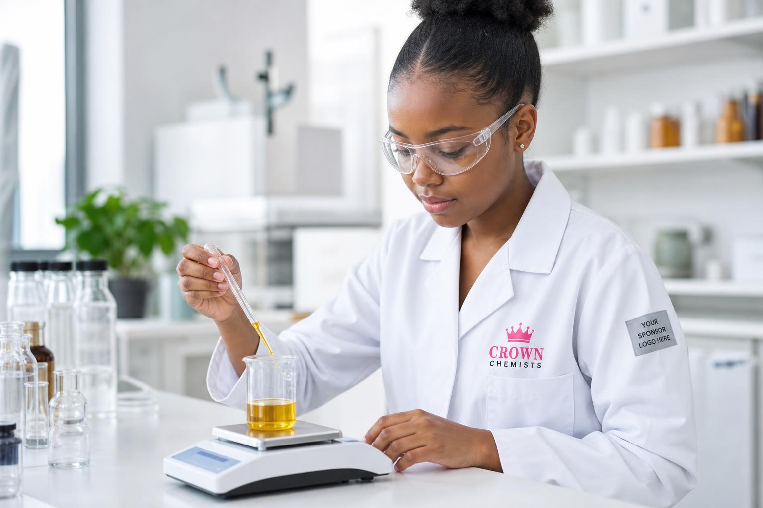 Close-up of a Crown Chemist weighing oil on a precision digital scale