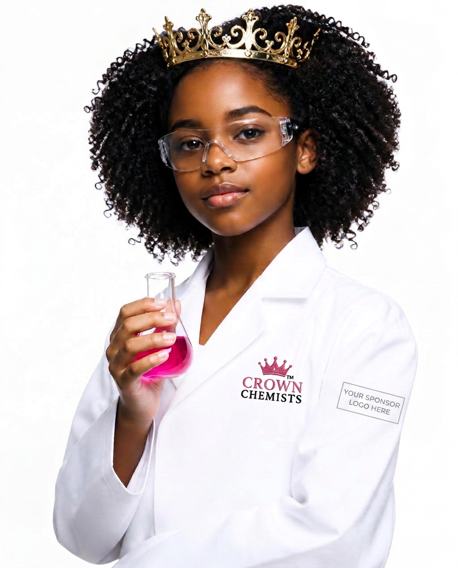 A confident young Crown Chemist in a branded white lab coat holding a formulation flask
